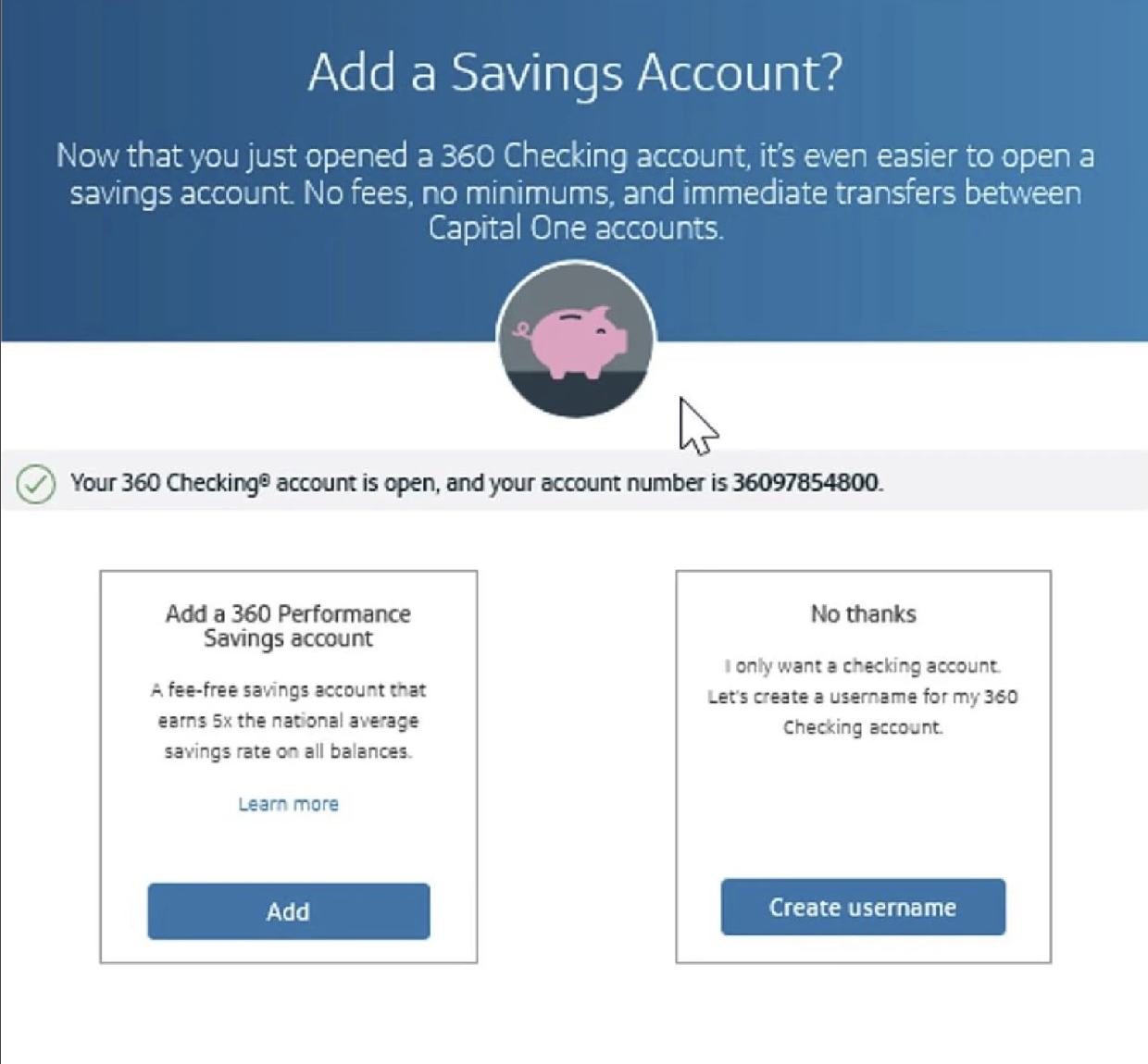 Capital One Add a Savings Account screen showing onboarding options