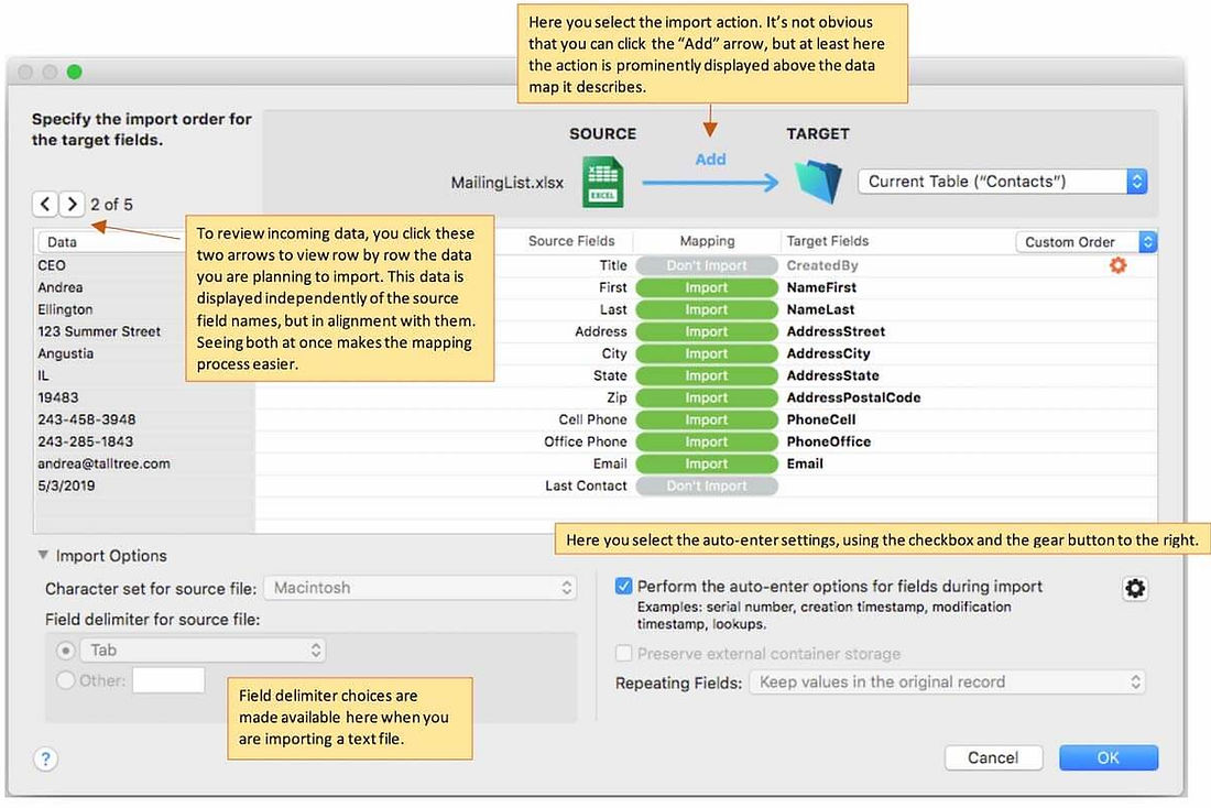 FileMaker 18 Import Field Mapping — redesigned with clearer data preview and import action