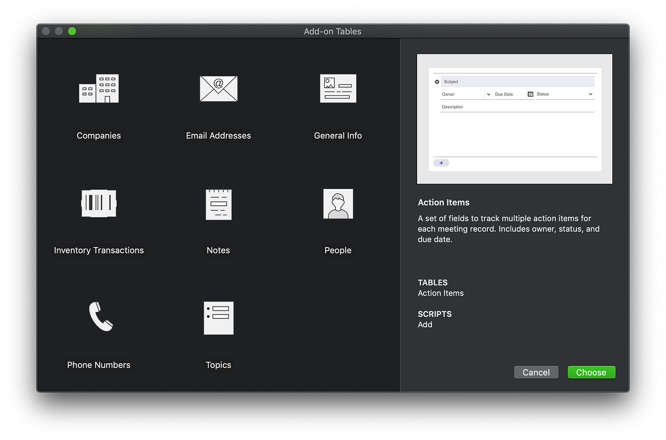 FileMaker 19 Add-on Tables dialog — dark theme with category grid and Action Items preview
