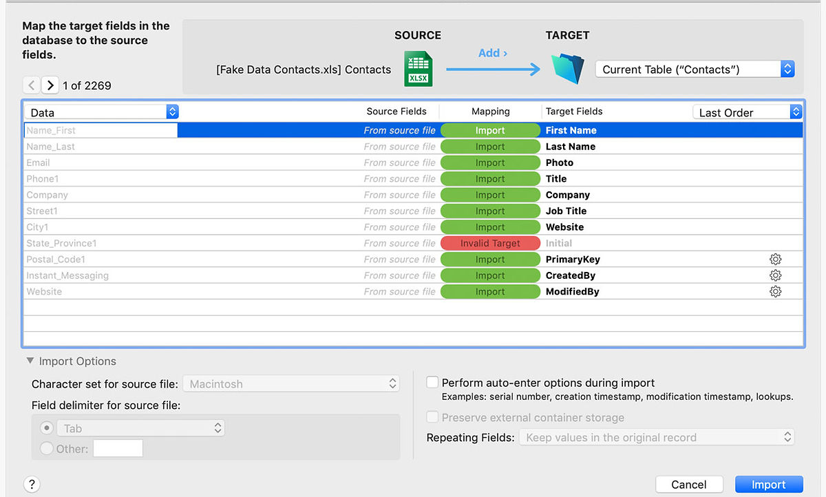 FileMaker 18 Import dialog — final shipped design with side-by-side source and target field mapping