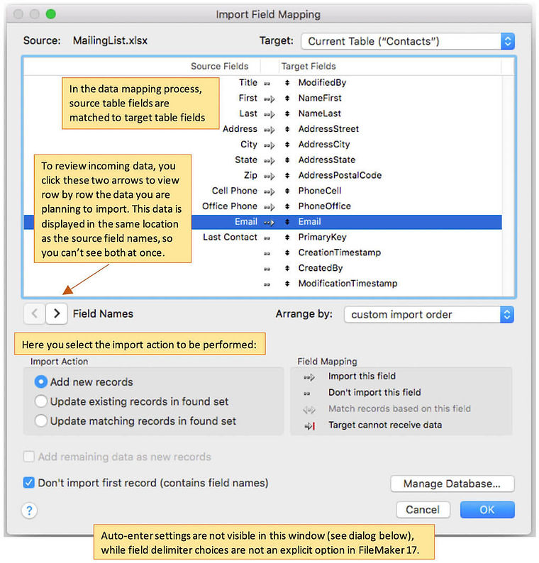 FileMaker 17 Import Field Mapping — old layout with annotations showing usability problems