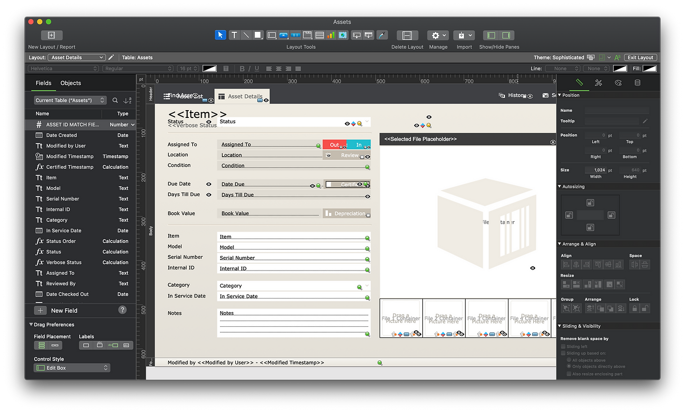 FileMaker Pro Layout Builder — Asset Details form with fields panel, layout canvas, and properties inspector