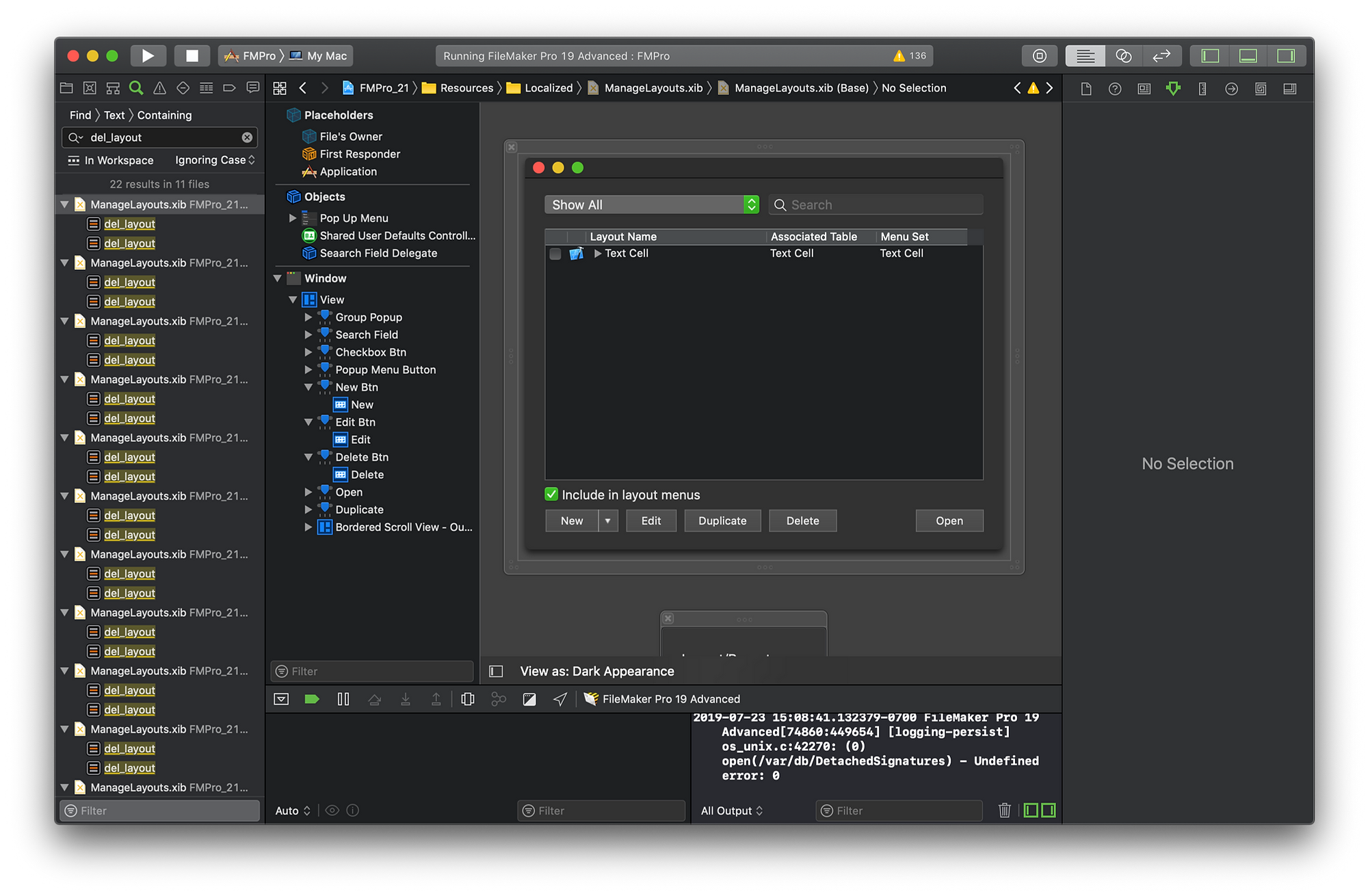 Xcode development environment with FileMaker Pro 19 layout code and Manage Layouts dialog