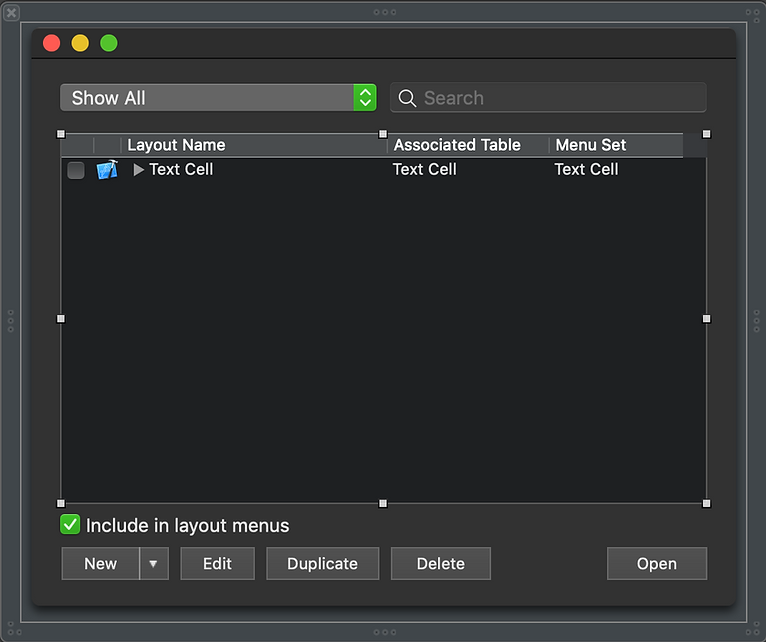 Manage Layouts dialog in dark mode