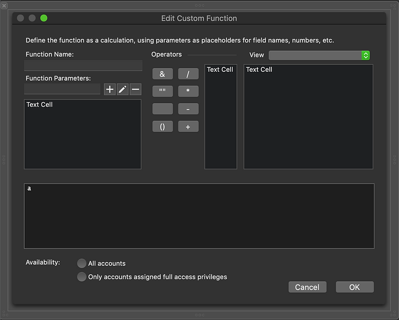 Edit Custom Function dialog in dark mode