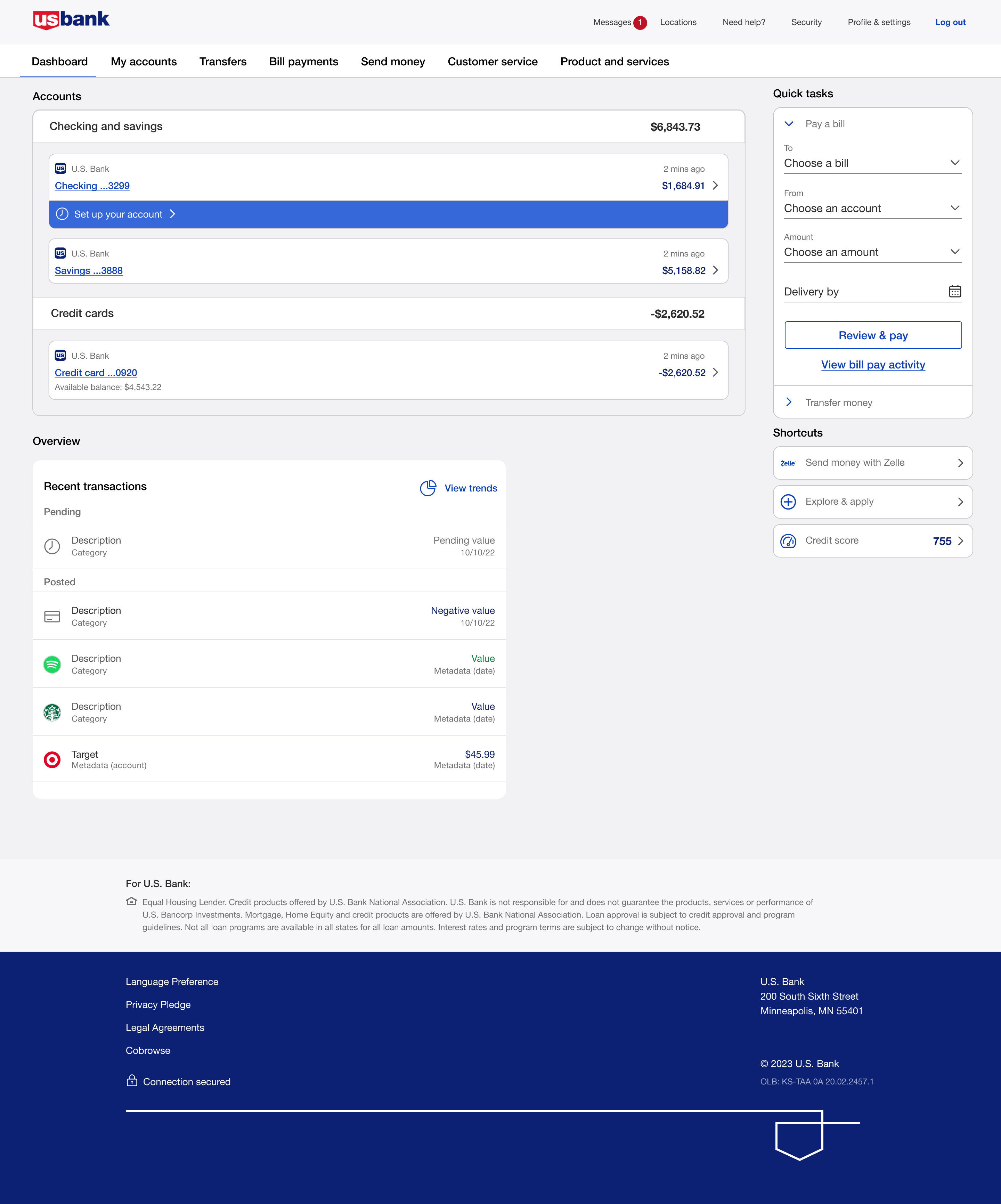 Final desktop dashboard showing the Set up your account reminder widget under the Checking account row