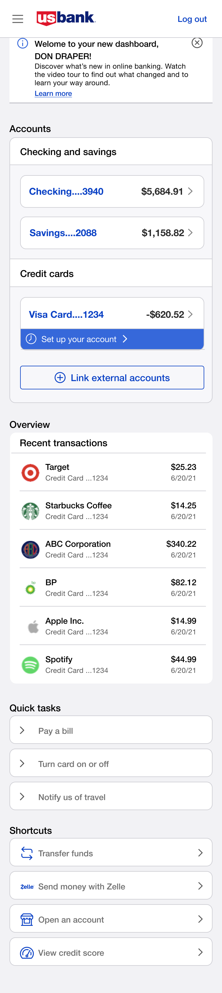 Final mobile dashboard showing the Set up your account reminder widget under the Checking account row